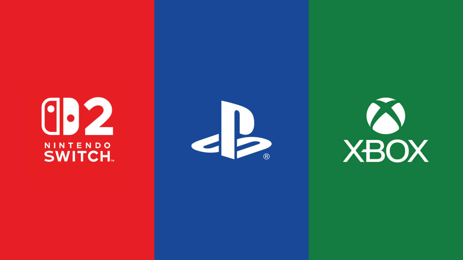 Nintendo Switch, PlayStation, and Xbox logos on red, blue, and green backgrounds.