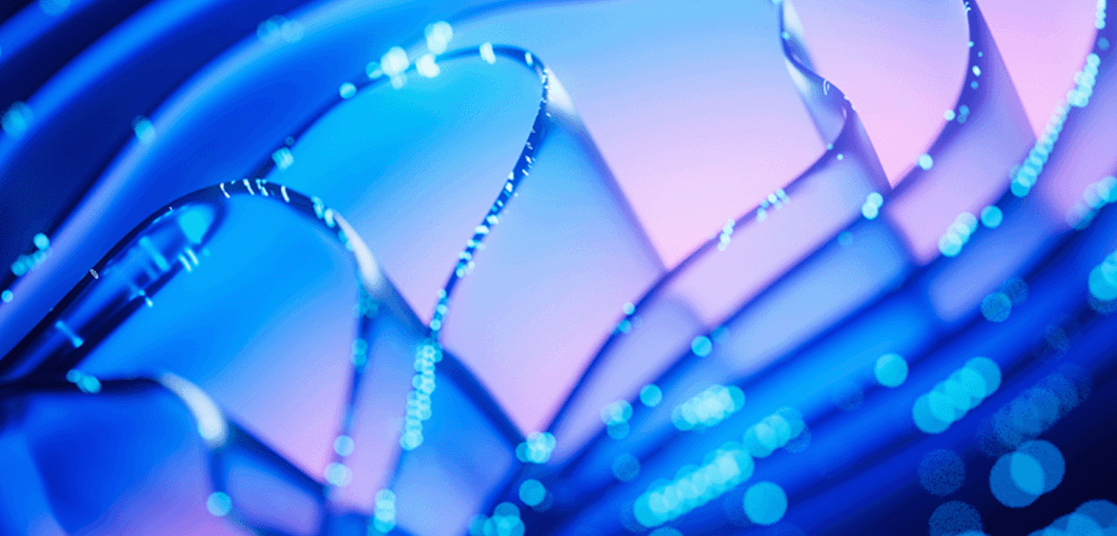 Abstract blue and purple curved shapes with glowing dots.