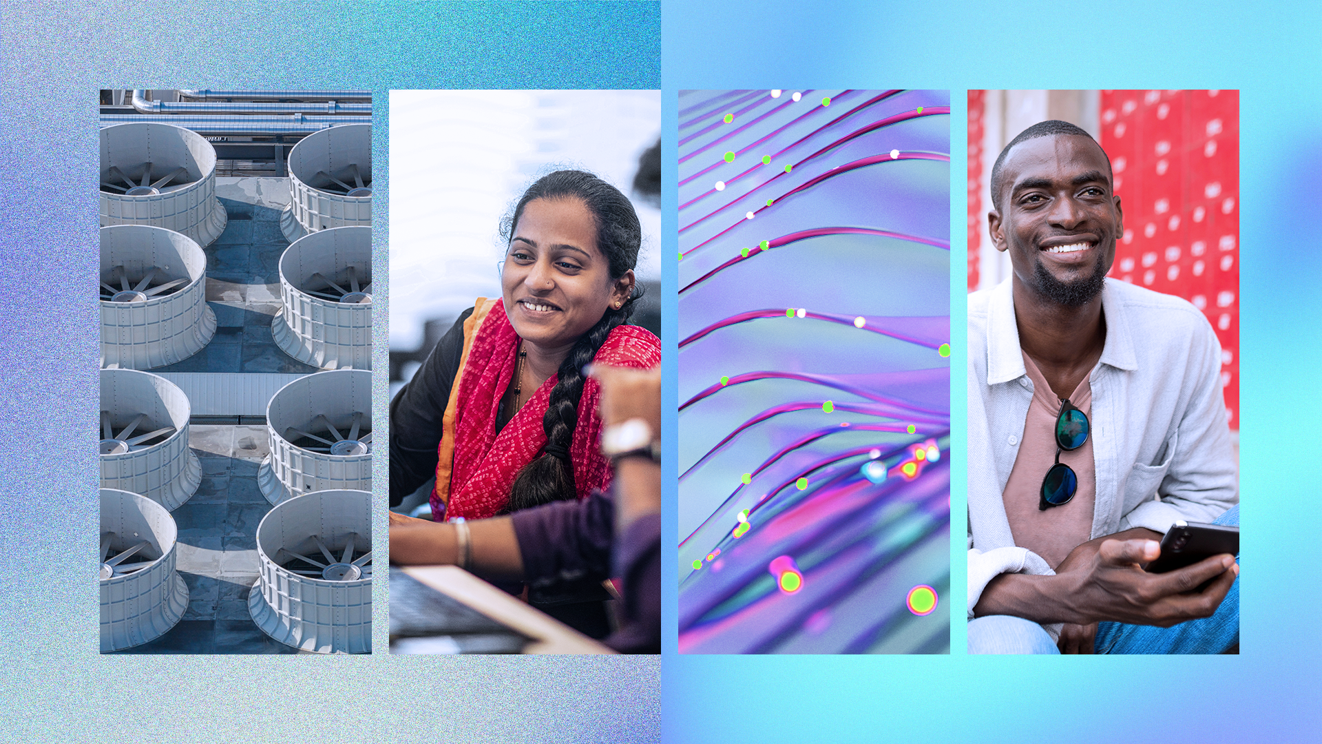 Wide banner showing industrial cooling towers, a person in a meeting, abstract fiber‑optic lines, and a person using a smartphone.