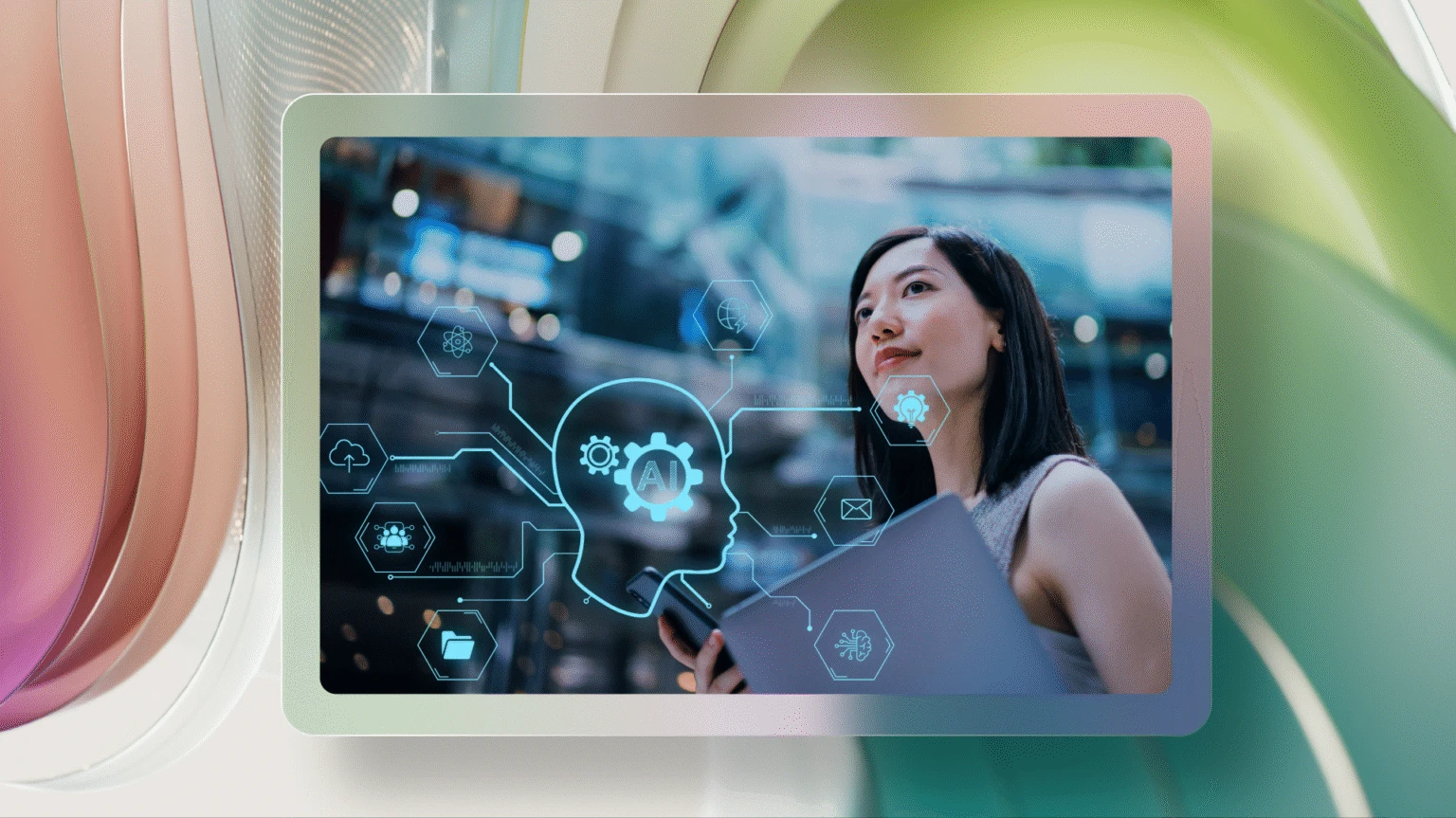 Person holding a laptop with AI icons and network graphics overlaid on the screen