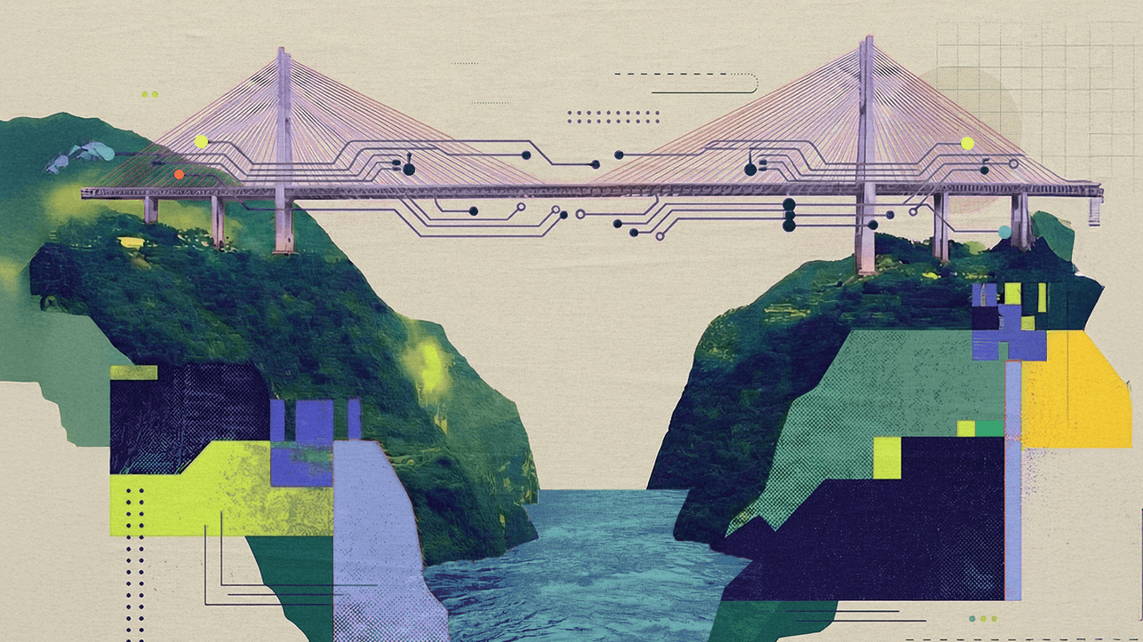 Illustration of a bridge connecting two cliffs with digital circuit patterns integrated into the structure.