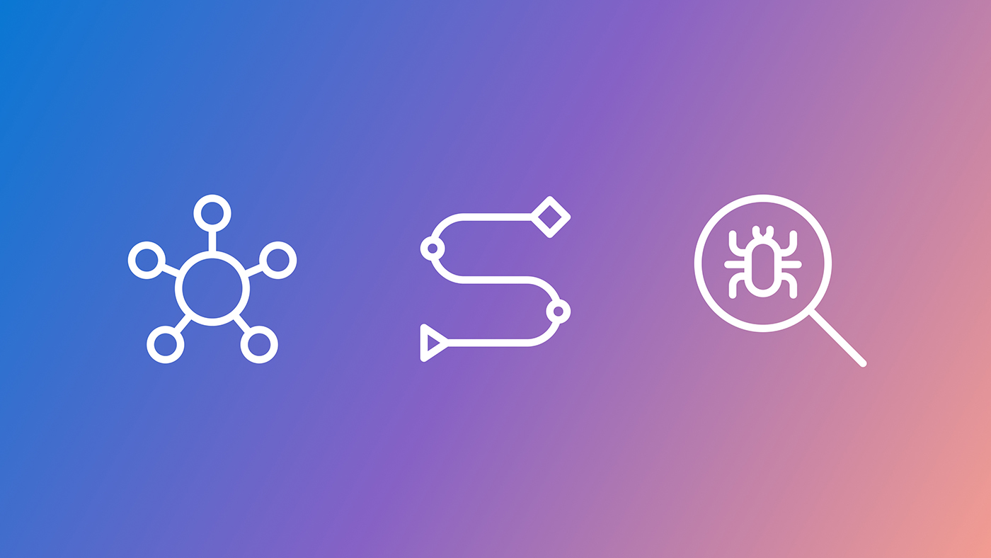 Three white line icons—a network node, a winding path, and a bug in a magnifying glass—on a blue-to-pink gradient background.