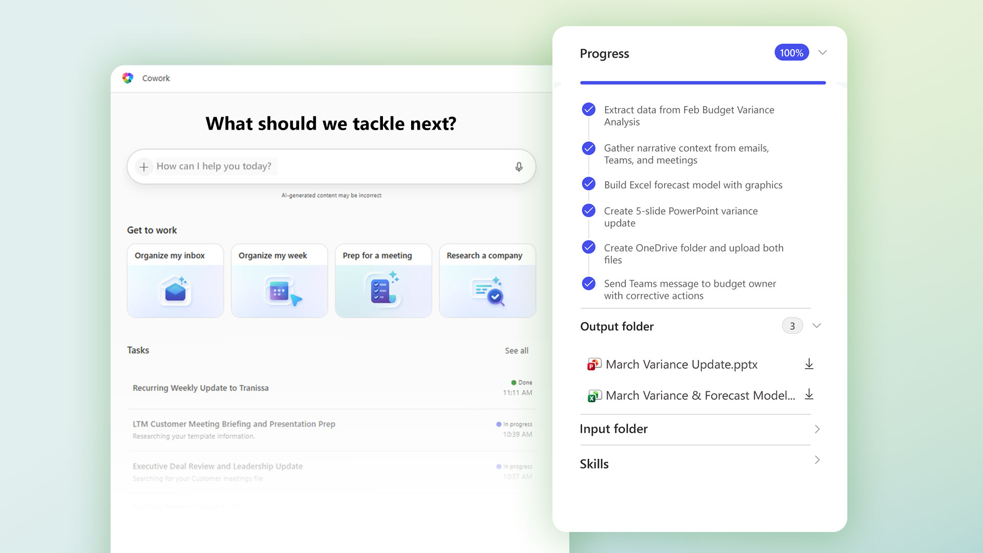 Screenshot of Microsoft 365 Copilot Cowork showing task planning and progress steps for a budget workflow.