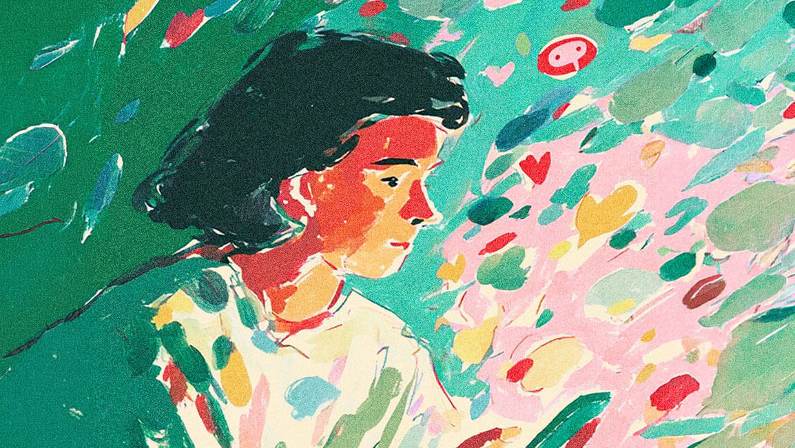 Colorful abstract illustration of a person surrounded by flowing, painterly shapes in green, pink and yellow.