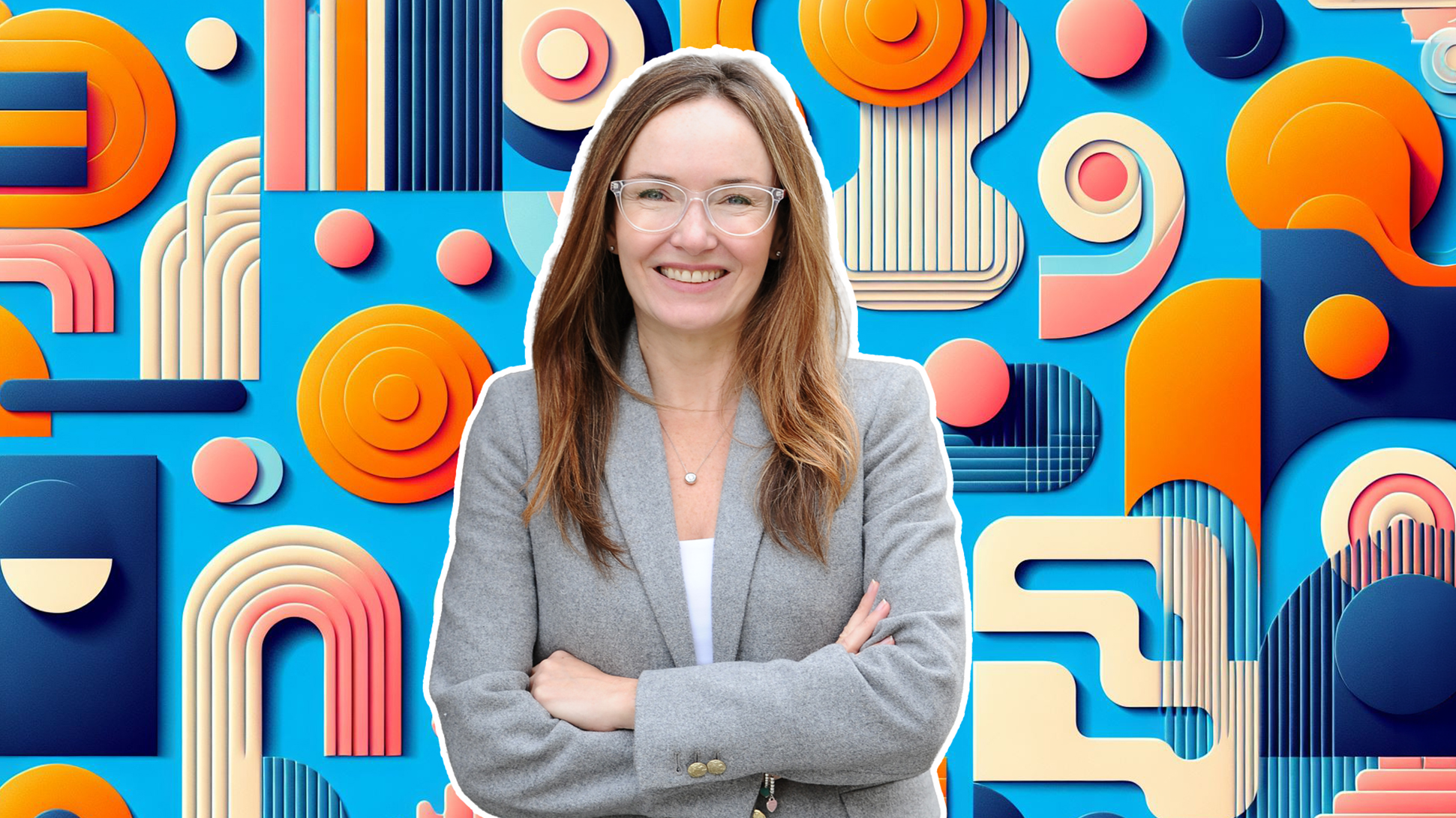 Person with arms crossed wearing a gray blazer over a white top, standing against a bright abstract background of colorful geometric shapes and question marks.