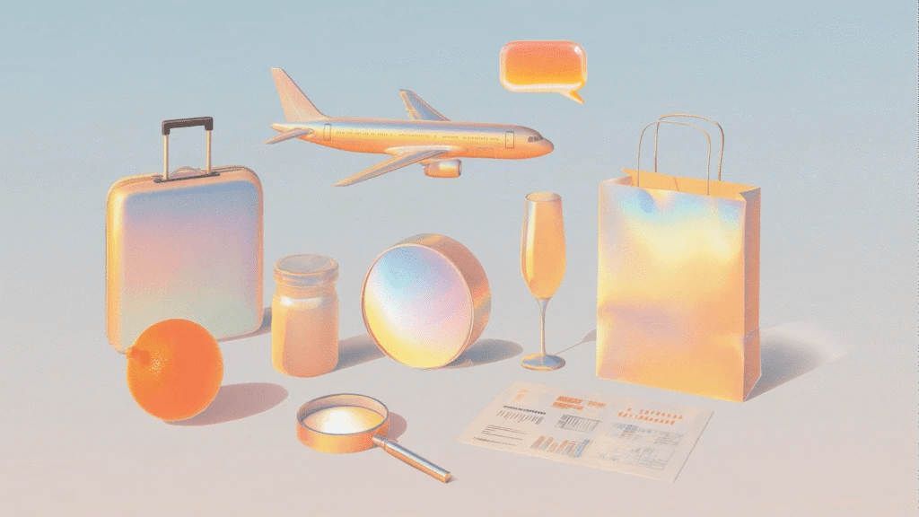 Pastel illustration of travel items, including a suitcase, airplane, shopping bag and documents.