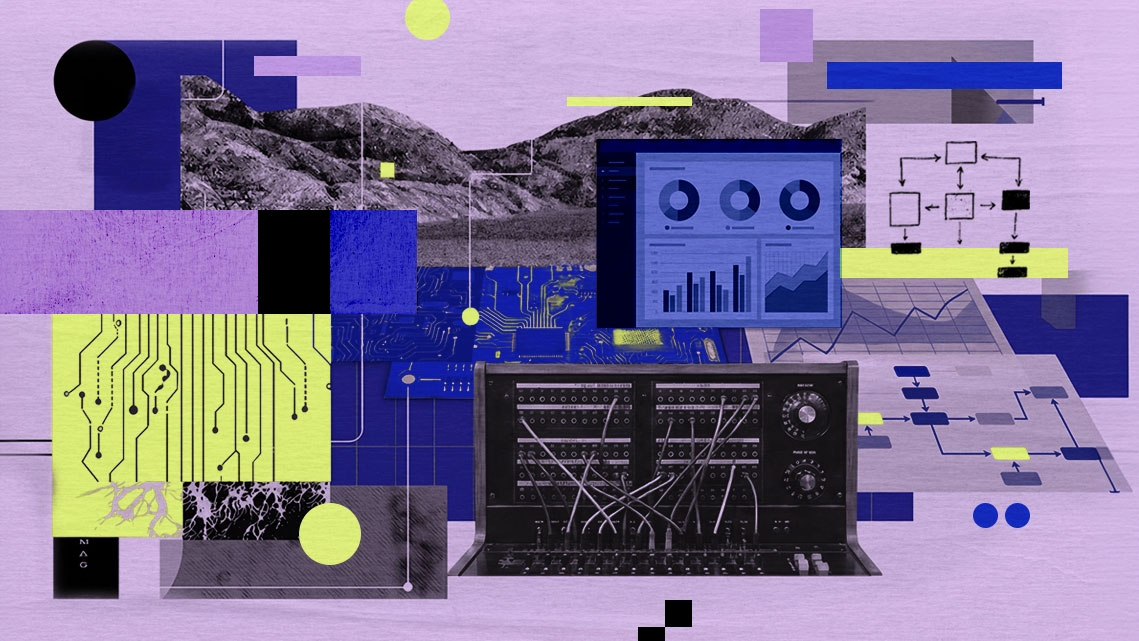 Abstract collage of circuit diagrams, data charts and a vintage computer panel.