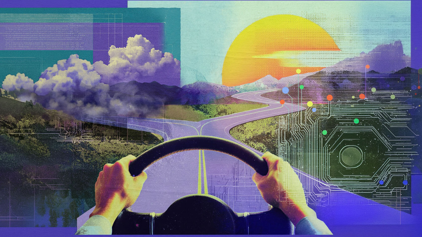 Hands on a steering wheel facing a split road with a sunrise and digital graphics.