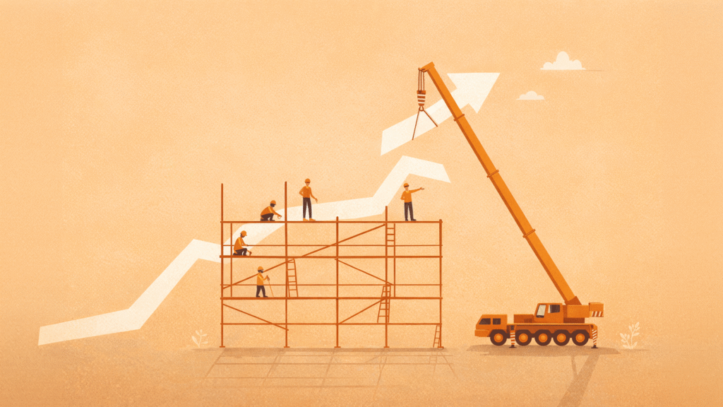 Illustration of workers building scaffolding while a crane lifts pieces forming an upward arrow.
