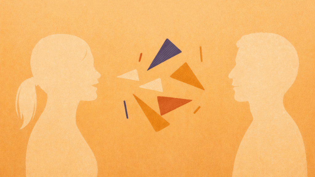 Illustration of two people in profile facing each other with geometric shapes between them, suggesting conversation or exchange of ideas.