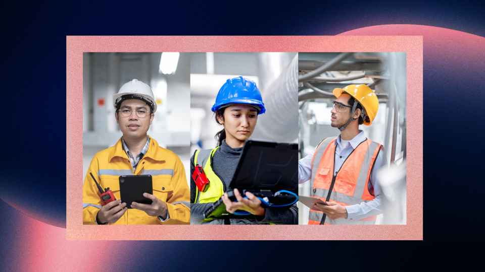 Three industrial workers in hard hats and safety vests using tablets inside a facility, shown in a three-panel collage.