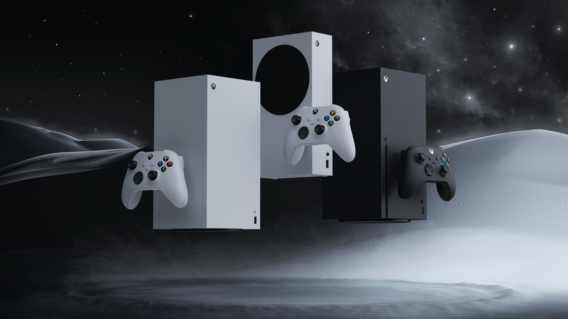 Three Xbox consoles (white and black) with controllers floating against a starry, space-like background.