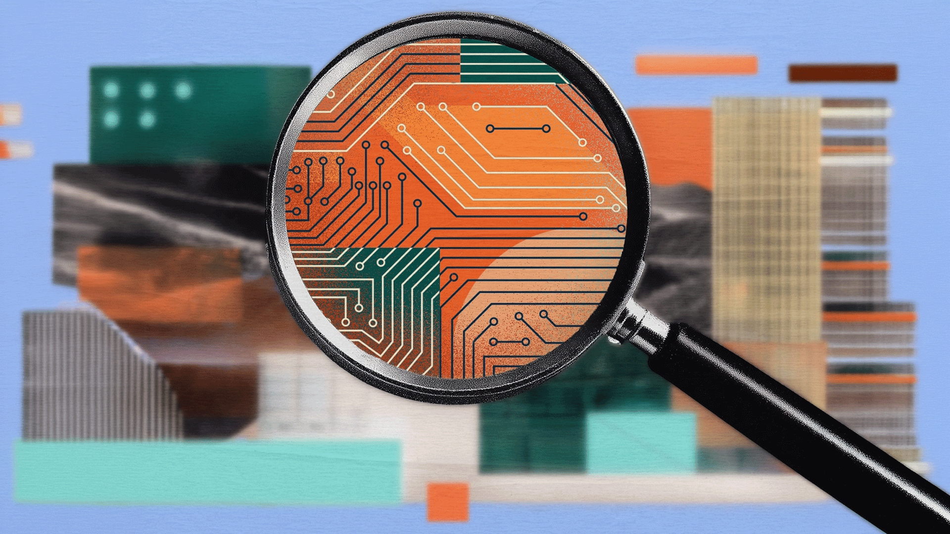 Magnifying glass highlighting a stylized circuit-board pattern over an abstract data dashboard background.