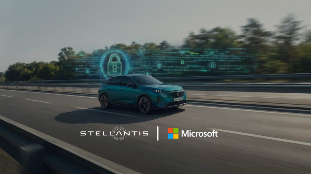 A teal SUV driving on a highway, with a digital security lock and data icons overlaid above the vehicle. The Stellantis and Microsoft logos appear at the bottom of the image.