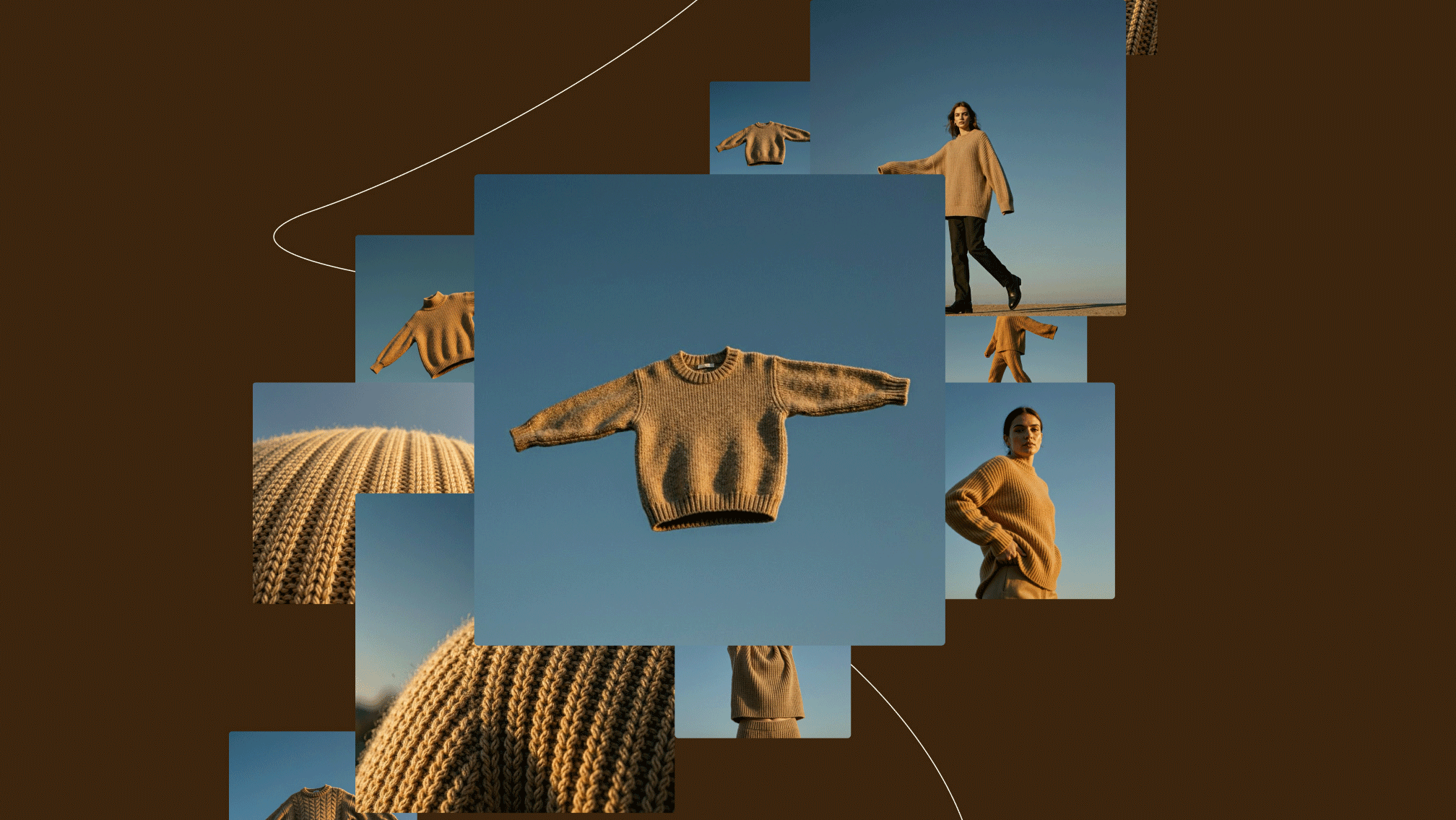 Collage of a tan knit sweater shown from multiple angles against a blue sky.