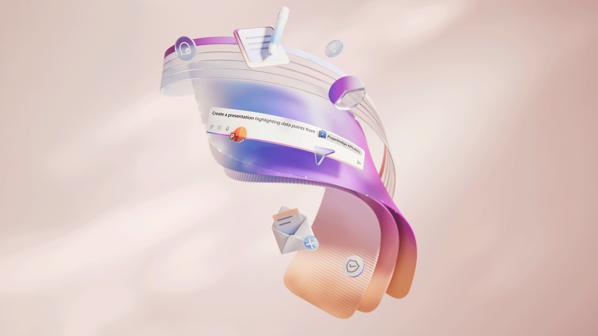 Abstract ribbon with floating UI icons, illustrating Copilot creating a presentation from a prompt.