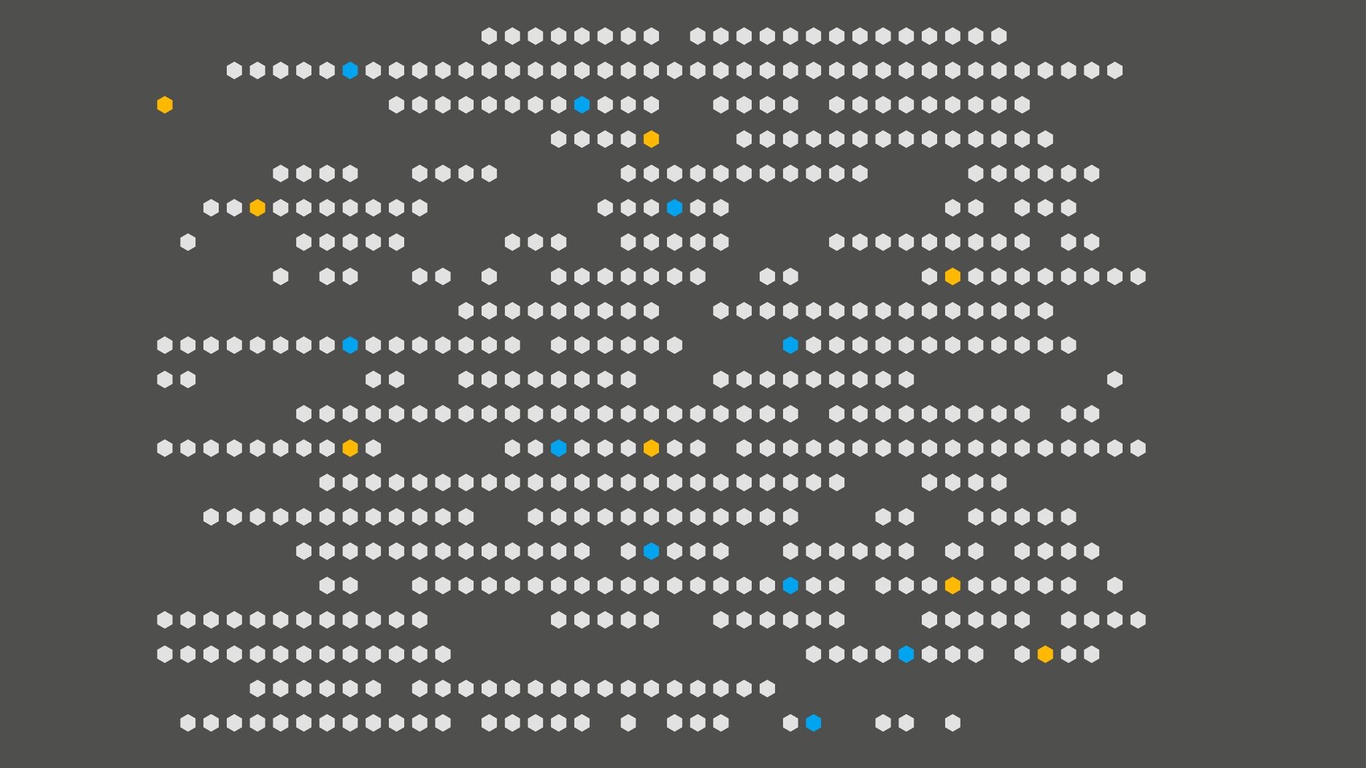 Abstract pattern of small hexagons on a dark gray background, with a few blue and yellow highlights.