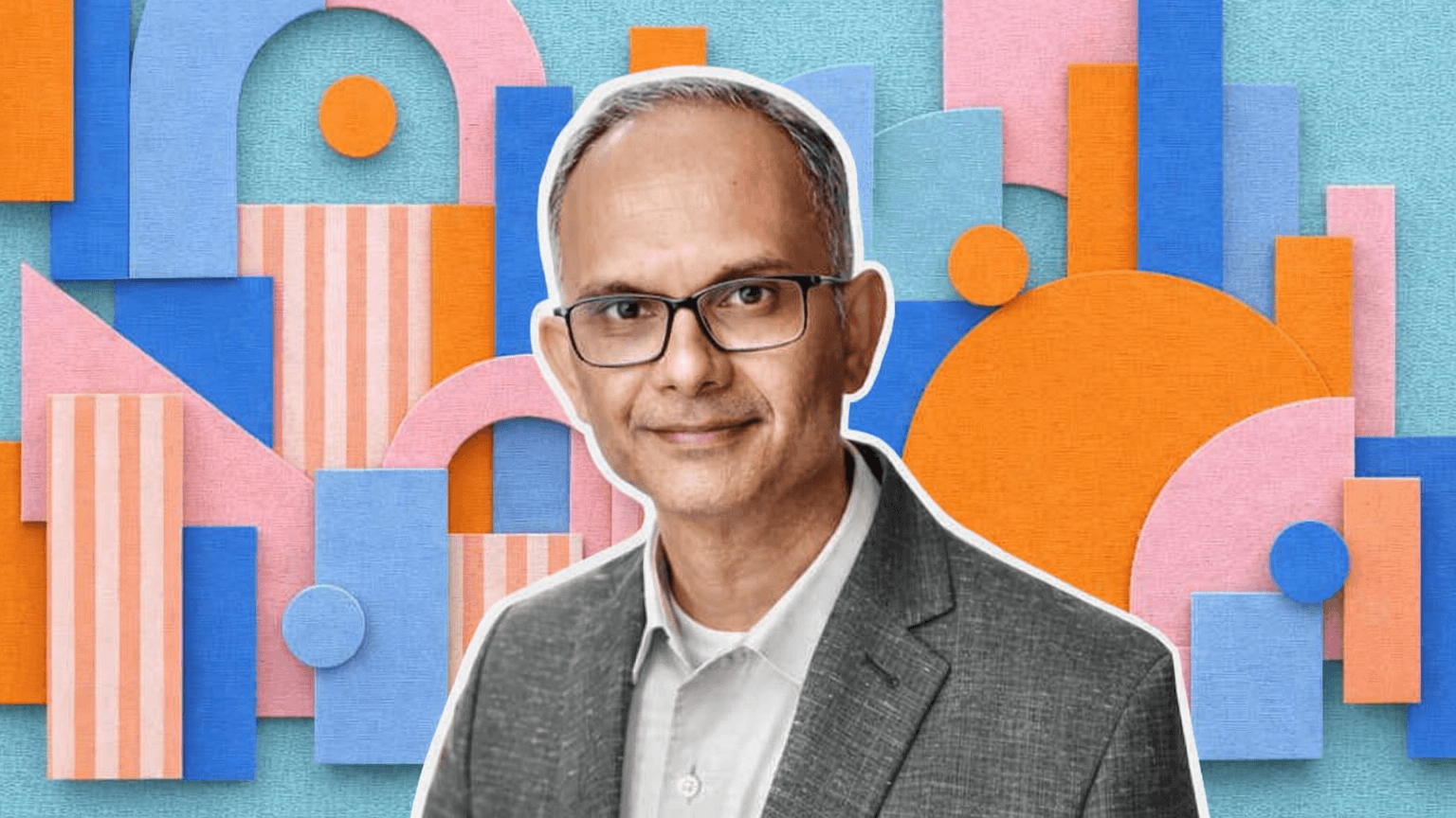 Cutout portrait of a person in a gray blazer layered over a colorful abstract background of overlapping geometric shapes in blue, pink and orange, including arches, circles and striped blocks.