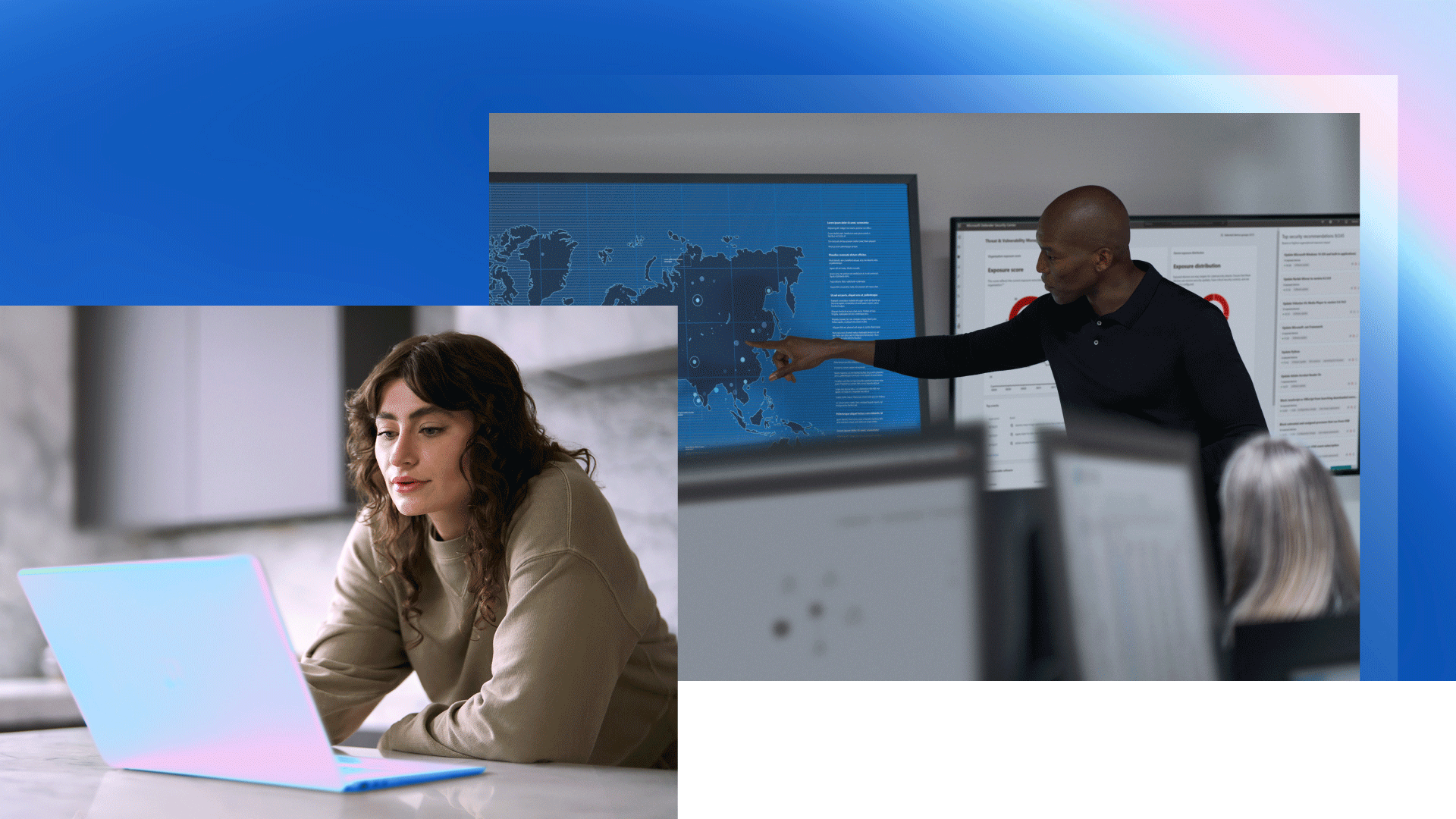 Person presenting a global map on large screens while another person works on a laptop in a split-screen graphic.
