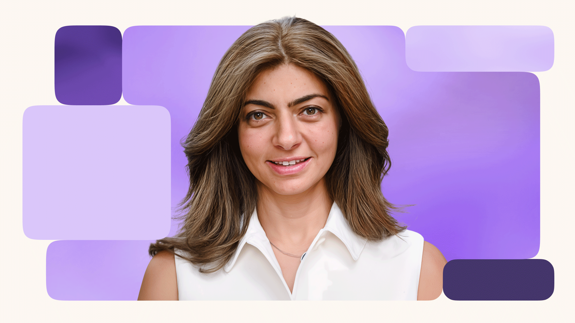 Portrait of a person with shoulder-length hair on a purple background with abstract rounded shapes.
