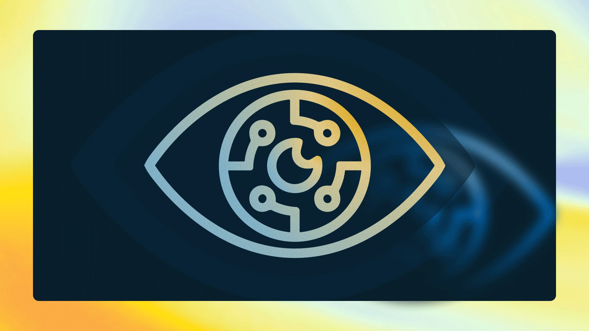 Stylized eye icon with circuit patterns on a dark blue background.
