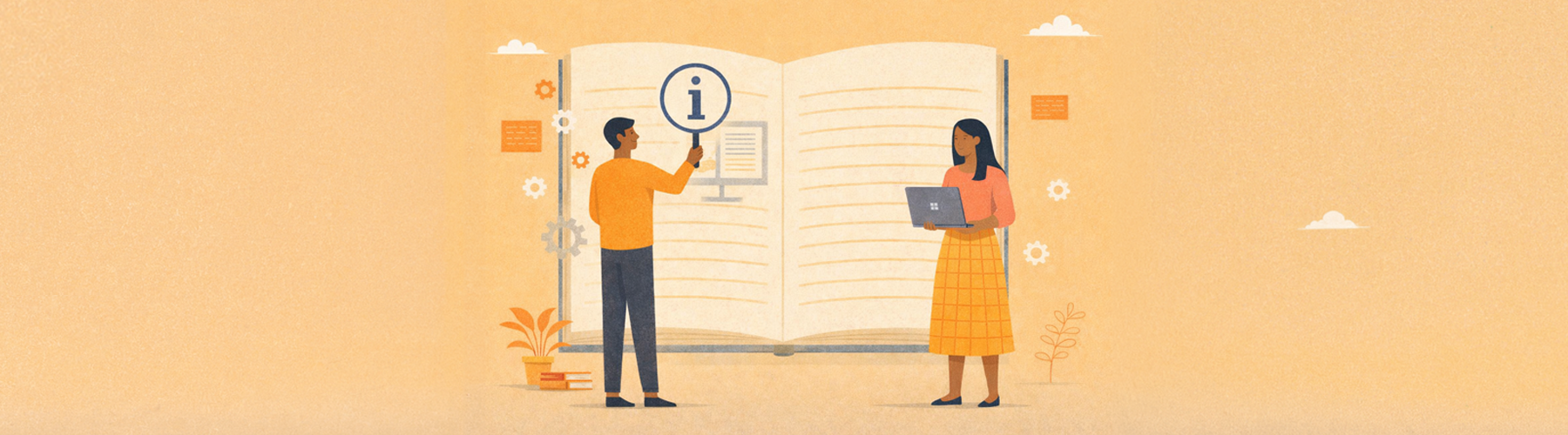 Illustration of two people studying from a large open book—one examining information with a magnifying glass, the other working on a laptop, with gears and documents around them.