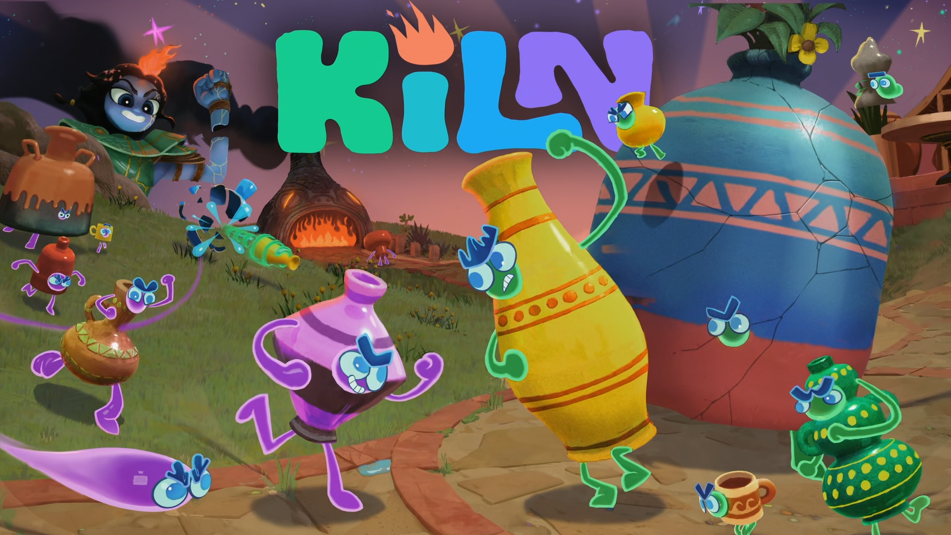 Colorful animated pots with faces dancing near a glowing kiln under the “KILN” title.