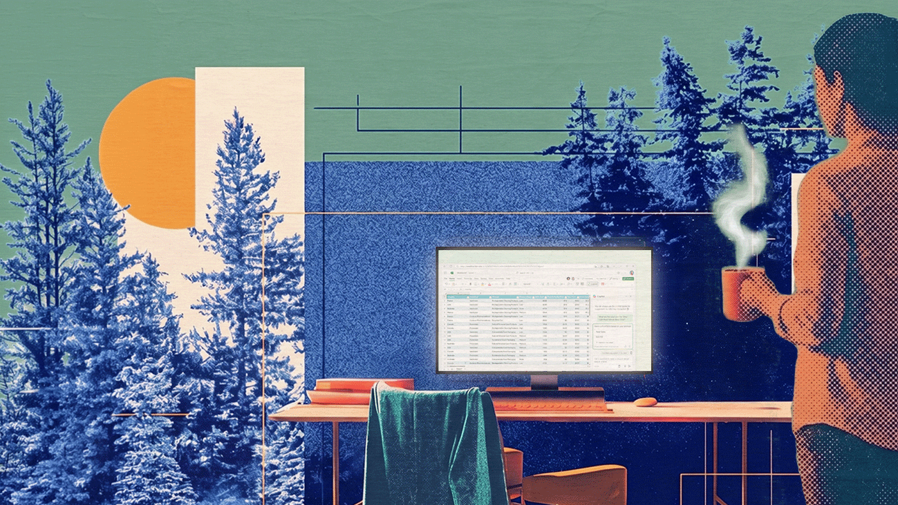 Stylized home office with monitor on desk, forest and sun collage, and person holding a steaming cup.