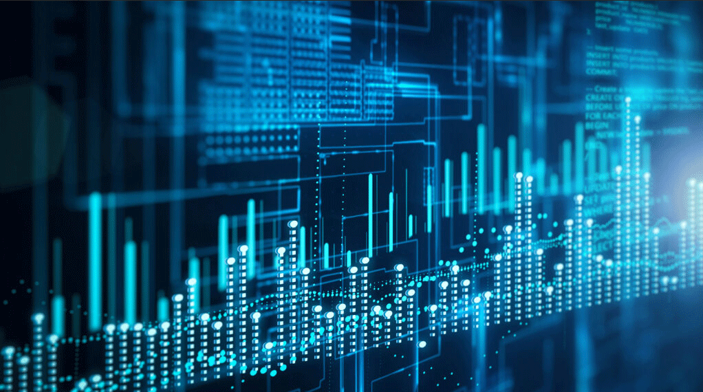 Abstract blue data visualization with charts, lines, and digital interface elements.