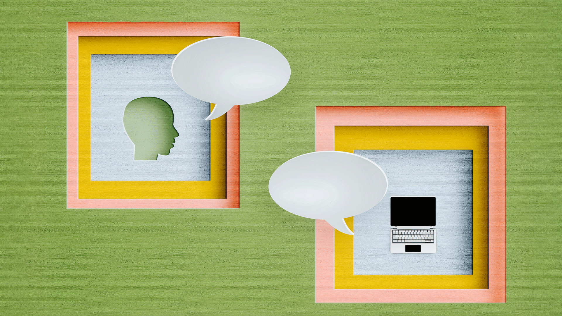 Abstract illustration of layered frames with a human profile and a laptop, each paired with a speech bubble on a green background.