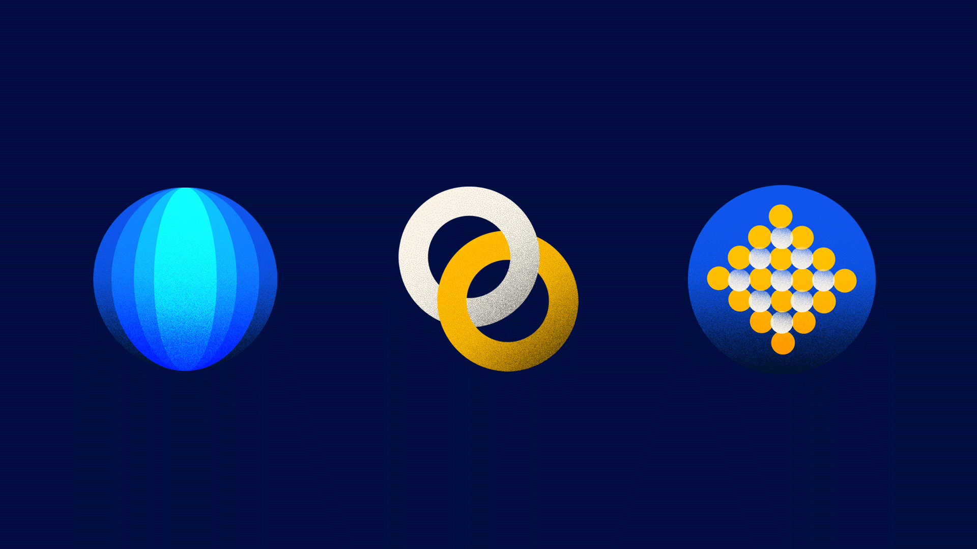 Three abstract quantum-themed icons on a dark blue background: a blue gradient sphere, two interlocking gold and silver rings, and a circular cluster of small yellow and white dots arranged in a lattice pattern.