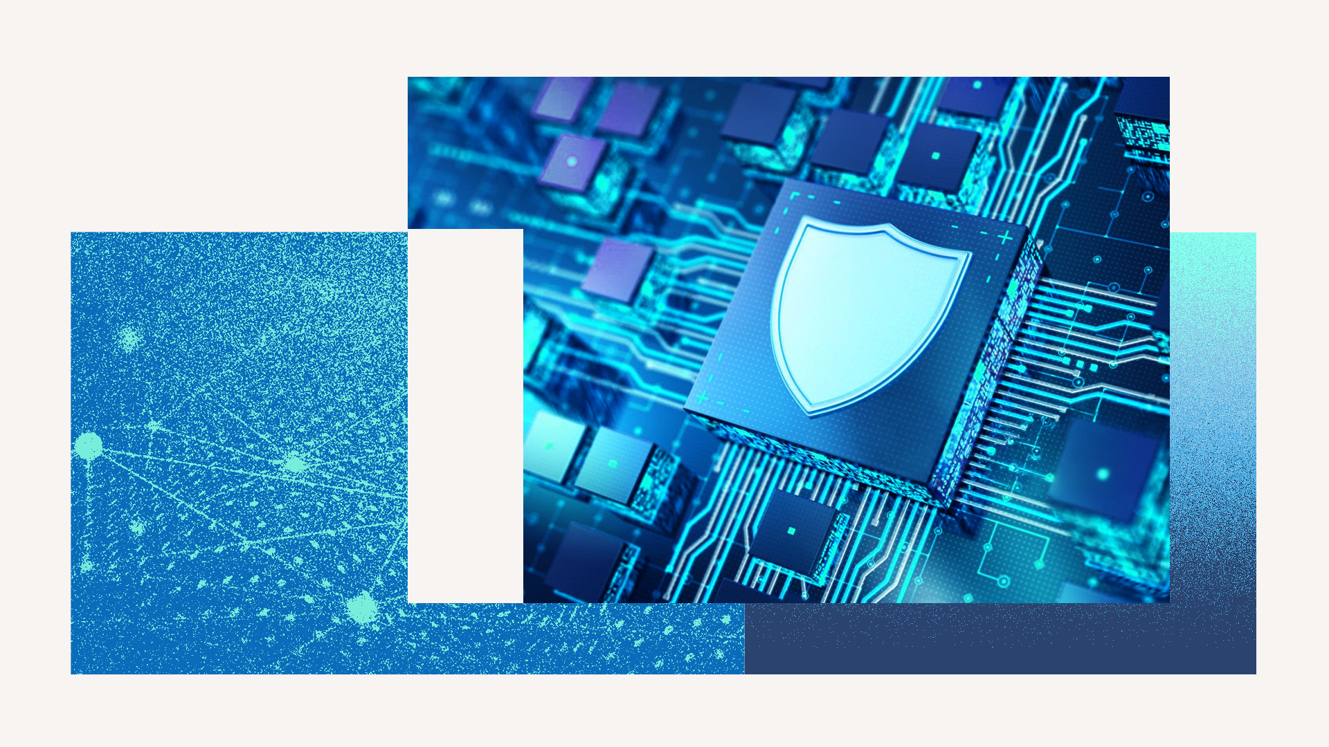 Blue microchip with a shield icon on a circuit board, with abstract network graphics in the background.