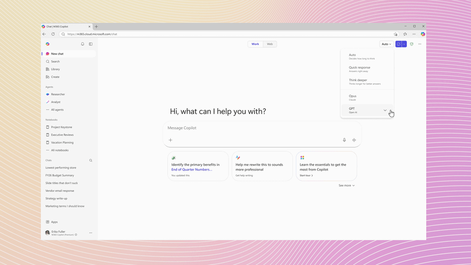 Screenshot of Microsoft 365 Copilot chat interface with model options menu open on the right, set against a colorful gradient background.