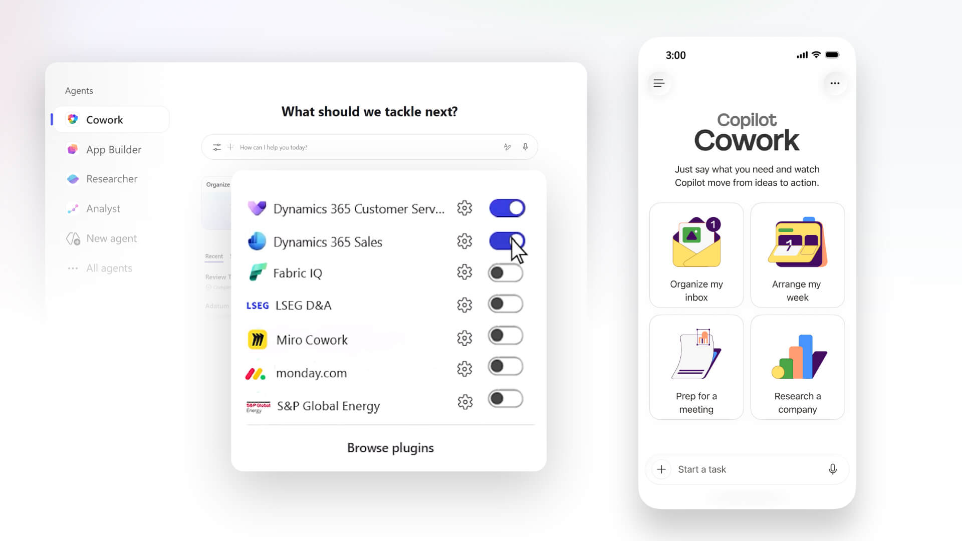 Microsoft 365 Copilot Cowork interface showing connected apps and plugins alongside a mobile screen with task options like organizing inbox and planning a week.