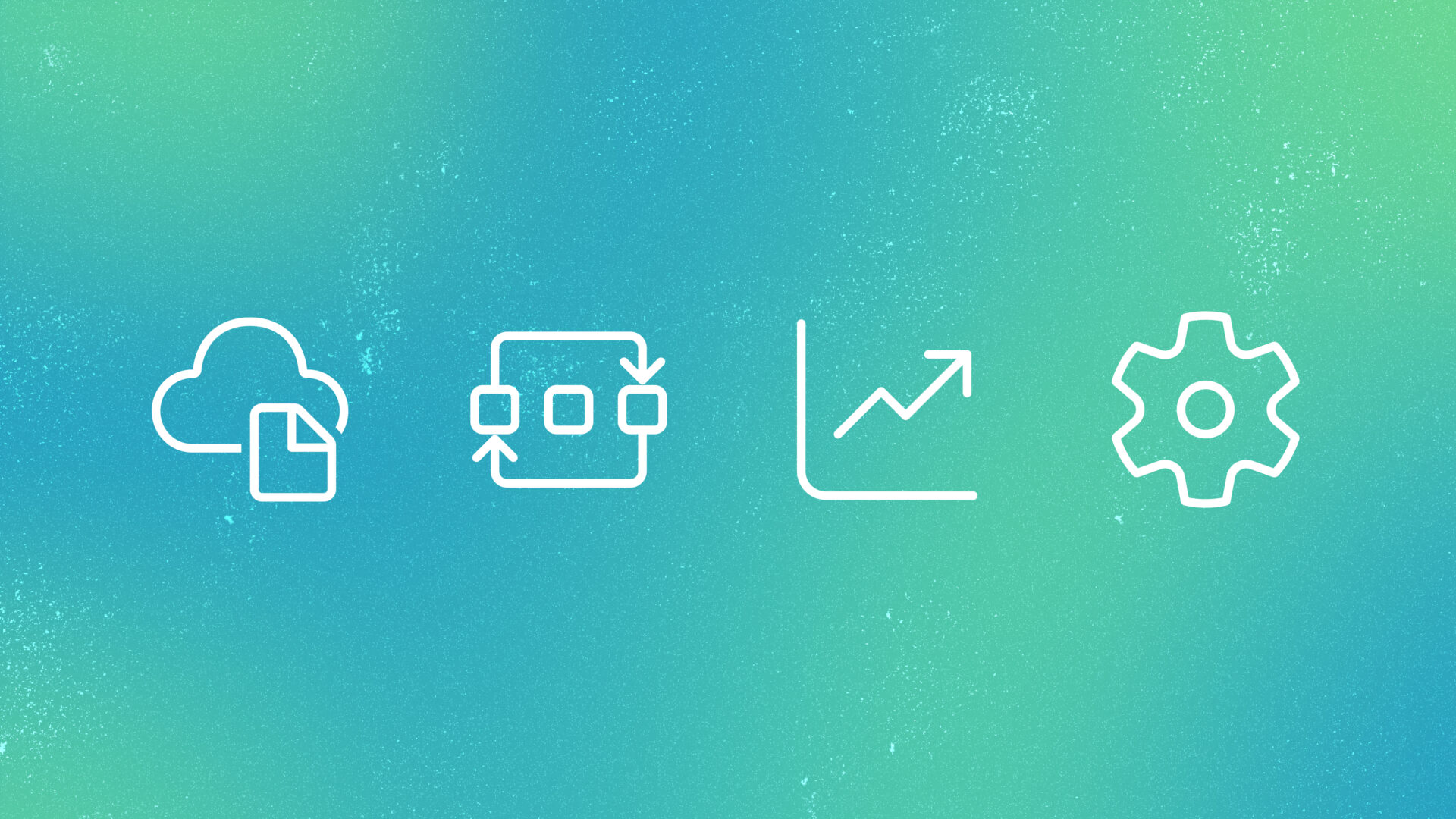 Cloud file, workflow diagram, upward chart, and settings gear icons on gradient background.