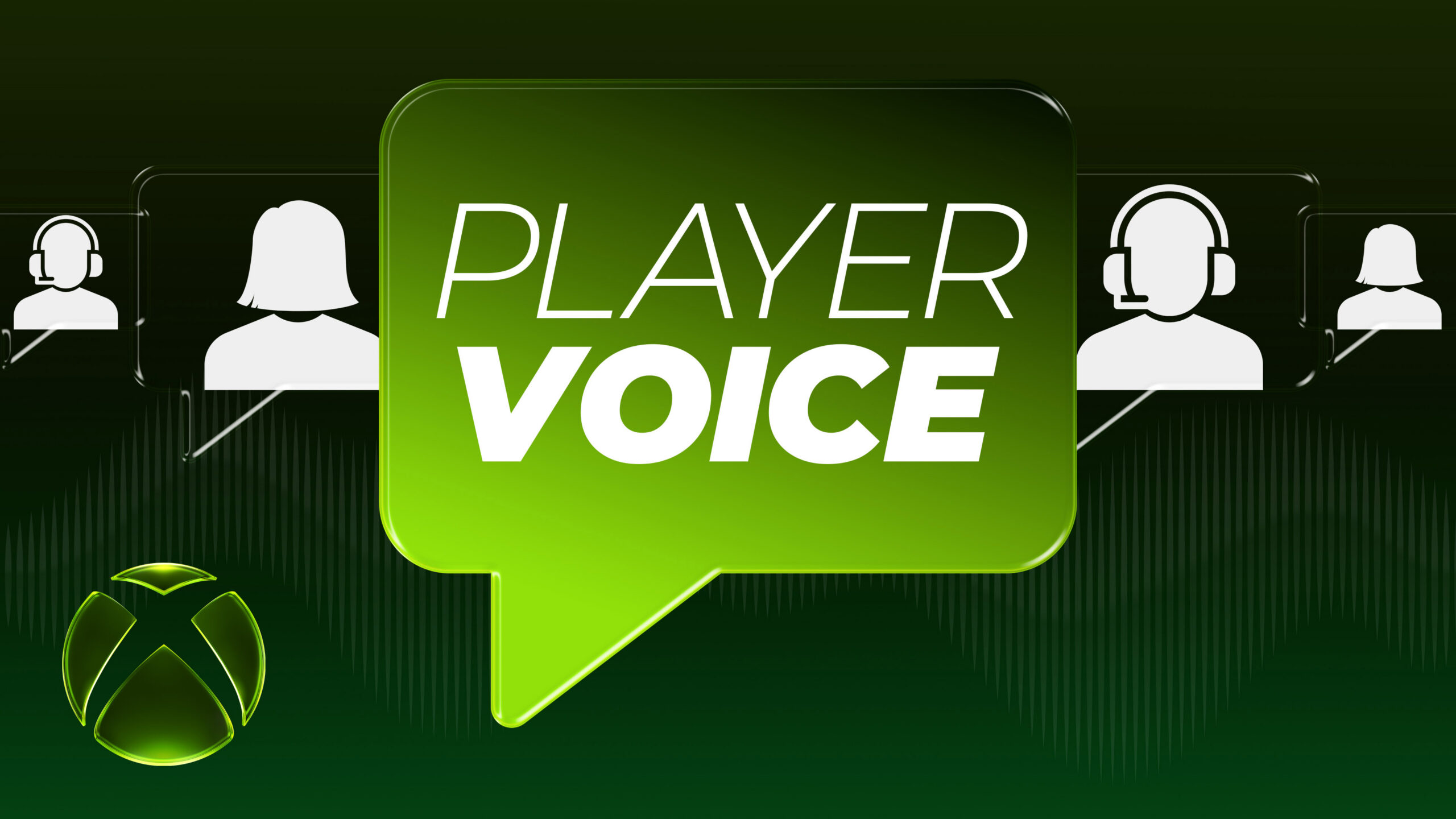 Green speech bubble reading “Player Voice,” with Xbox logo and headset user icons in the background.