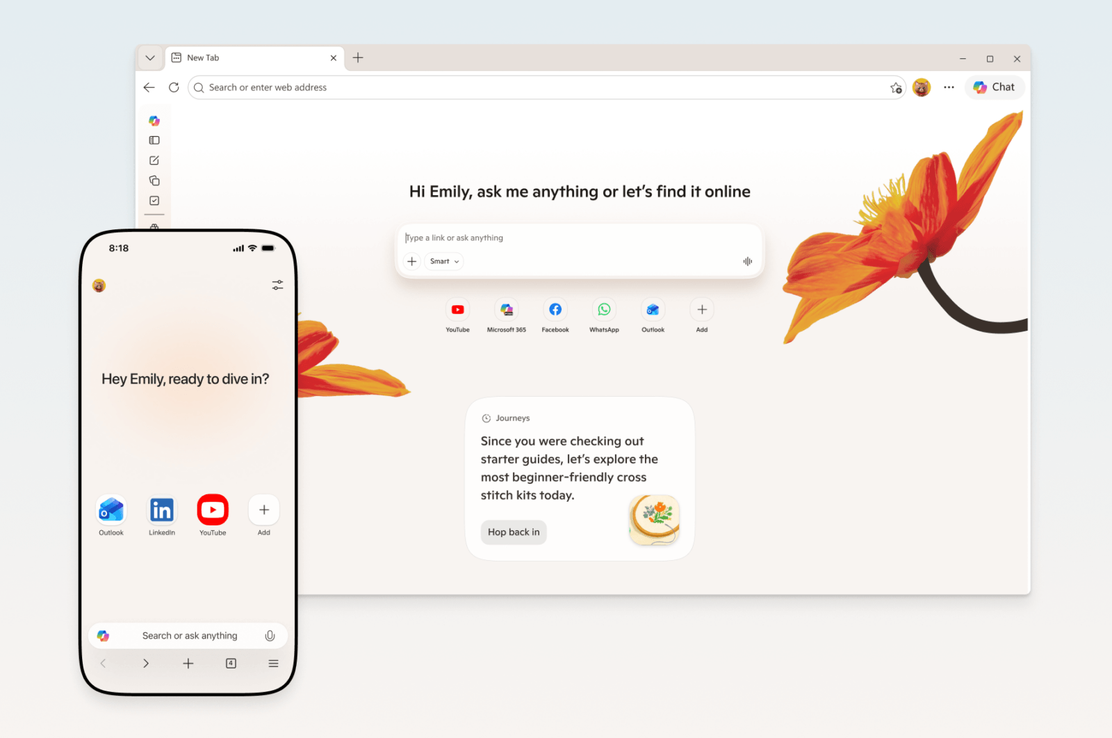 Split screen showing a mobile phone and desktop browser with a Copilot search interface and app icons.