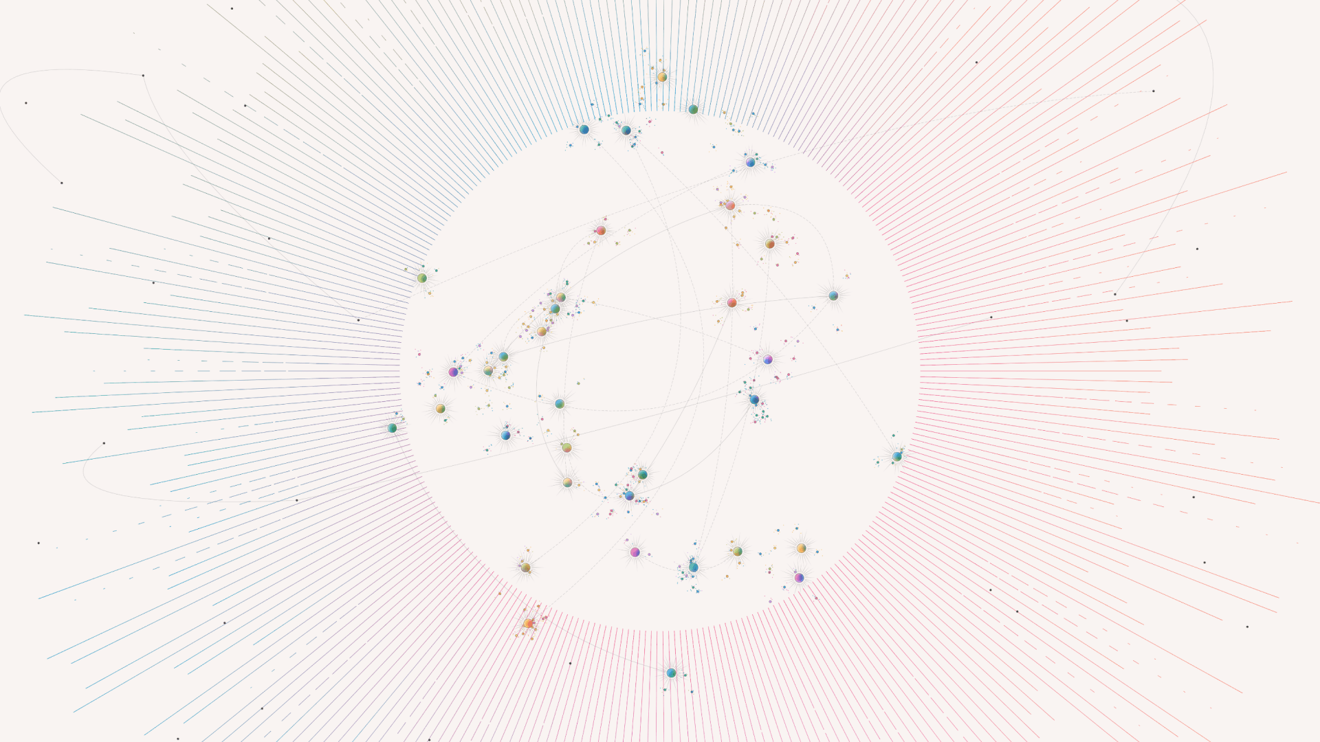 Abstract network visualization with multicolored nodes connected by lines, surrounded by radiating red and blue rays forming a circular pattern.