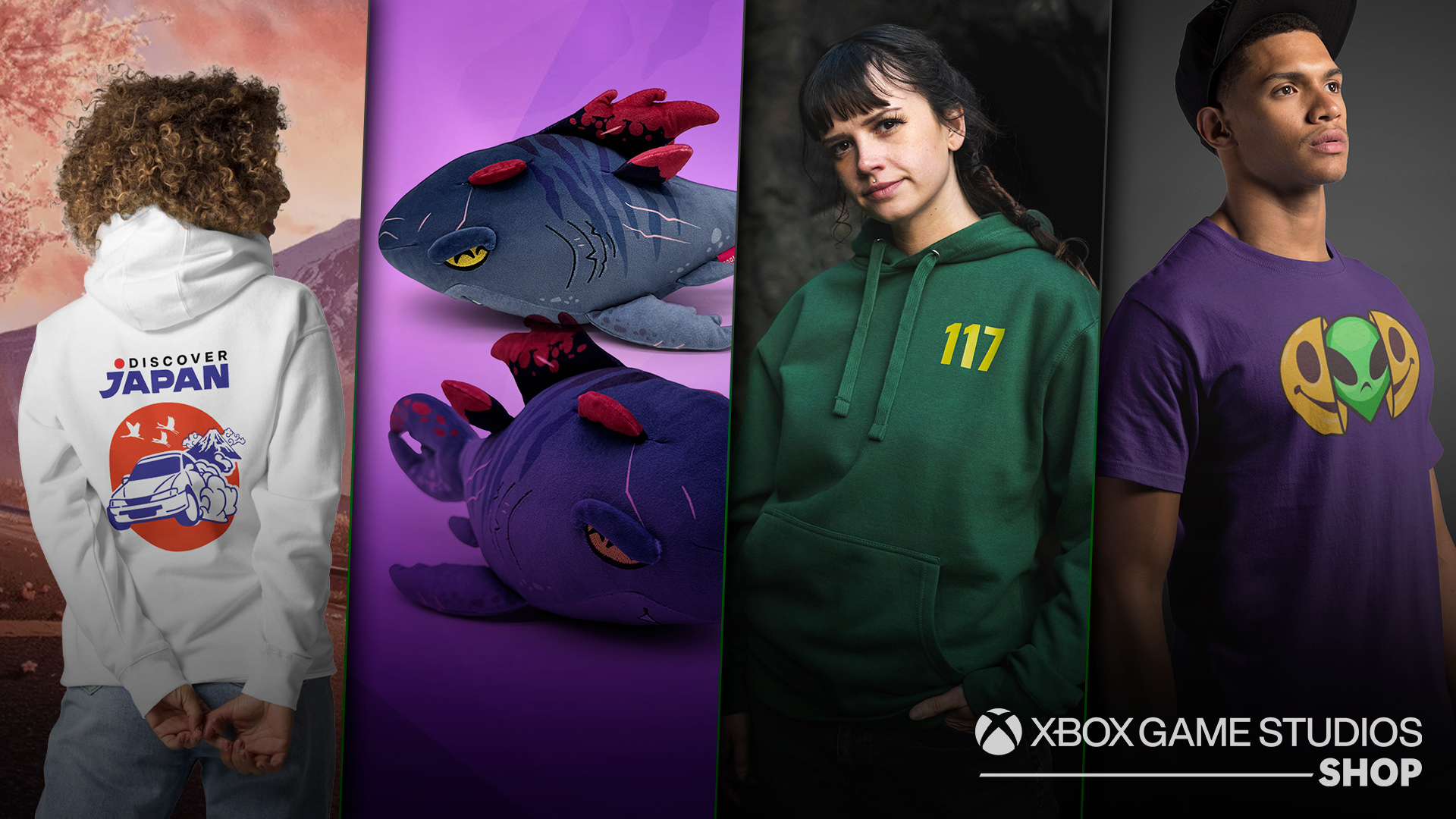Four-panel collage showing Xbox-themed apparel and merchandise: hoodie, plush toy, numbered sweatshirt, and graphic T-shirt