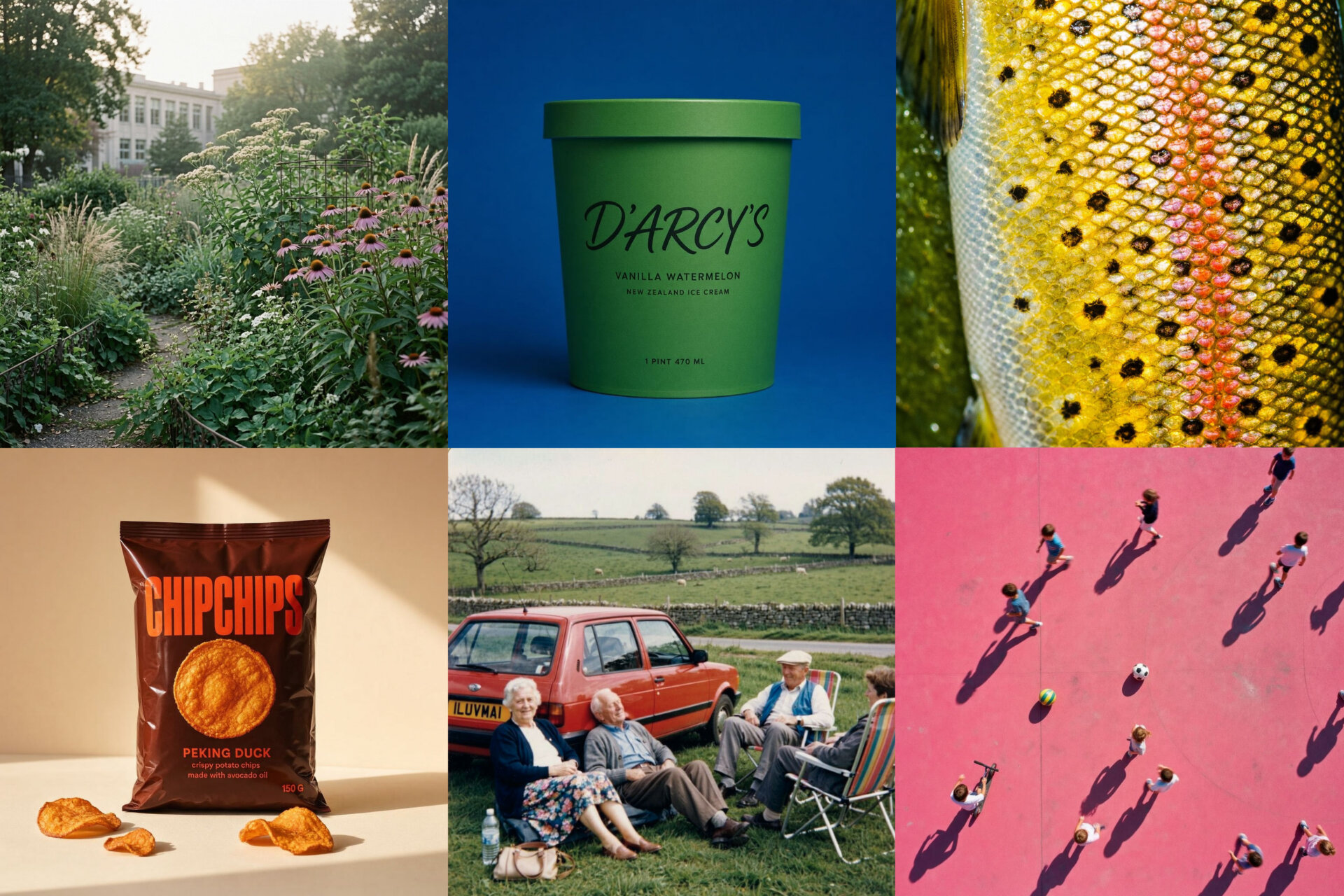 Six-image grid: garden path with flowers, green ice cream cup on blue background, close-up of speckled fish scales, bag of chips with loose crisps, older adults sitting outside near a red car, and people casting long shadows on a pink court.