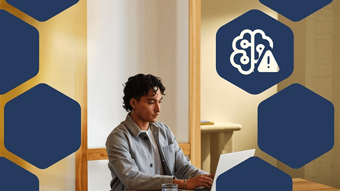 Person using a laptop at a desk, with AI warning icon graphics in the background.