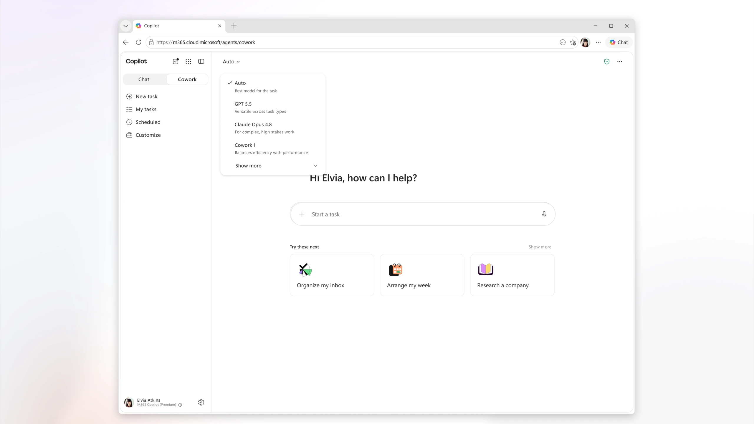 Copilot Cowork interface in a browser, showing task options and AI model menu.