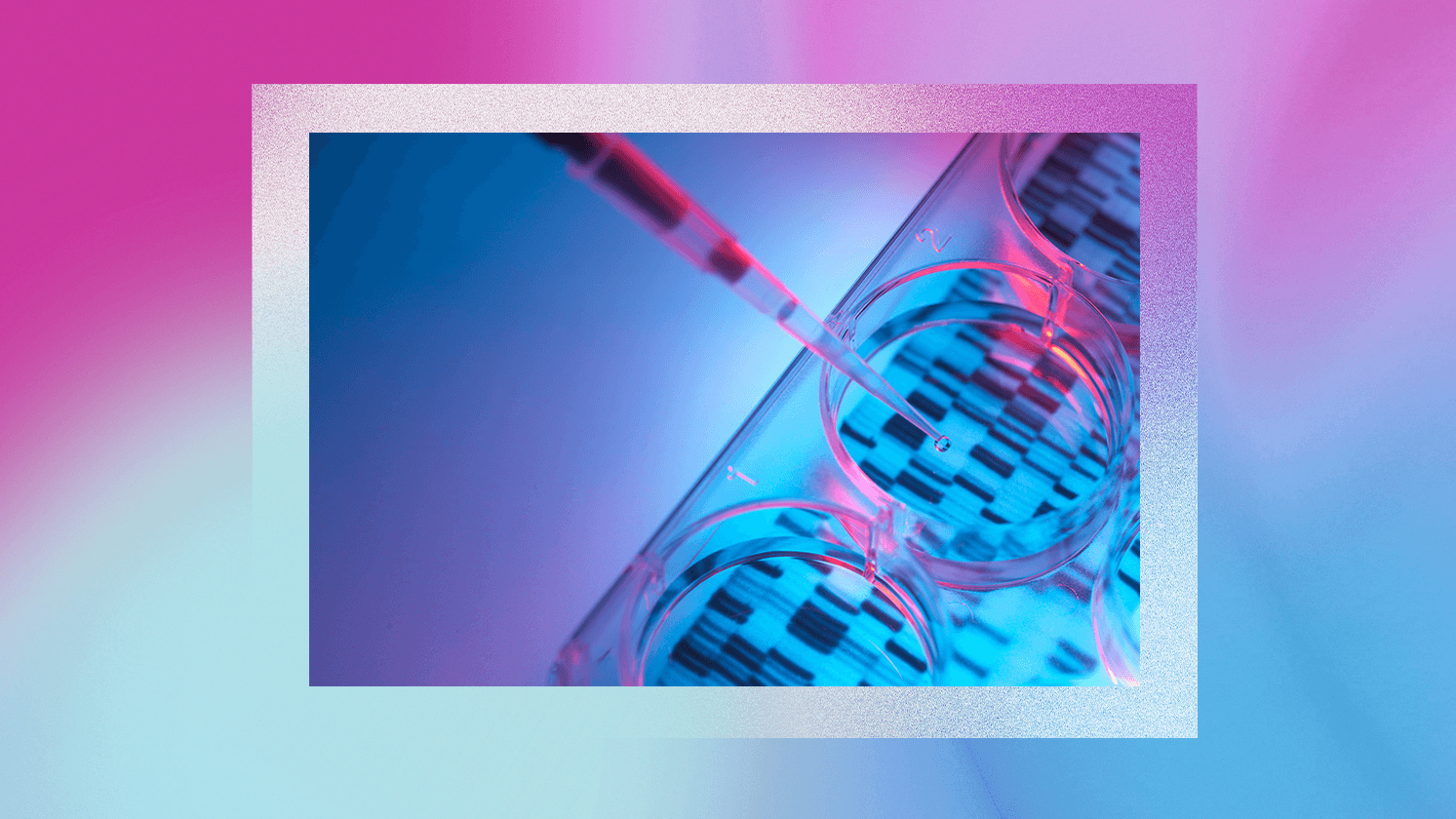 Close-up of pipette adding liquid to sample wells with DNA patterns in a lab.