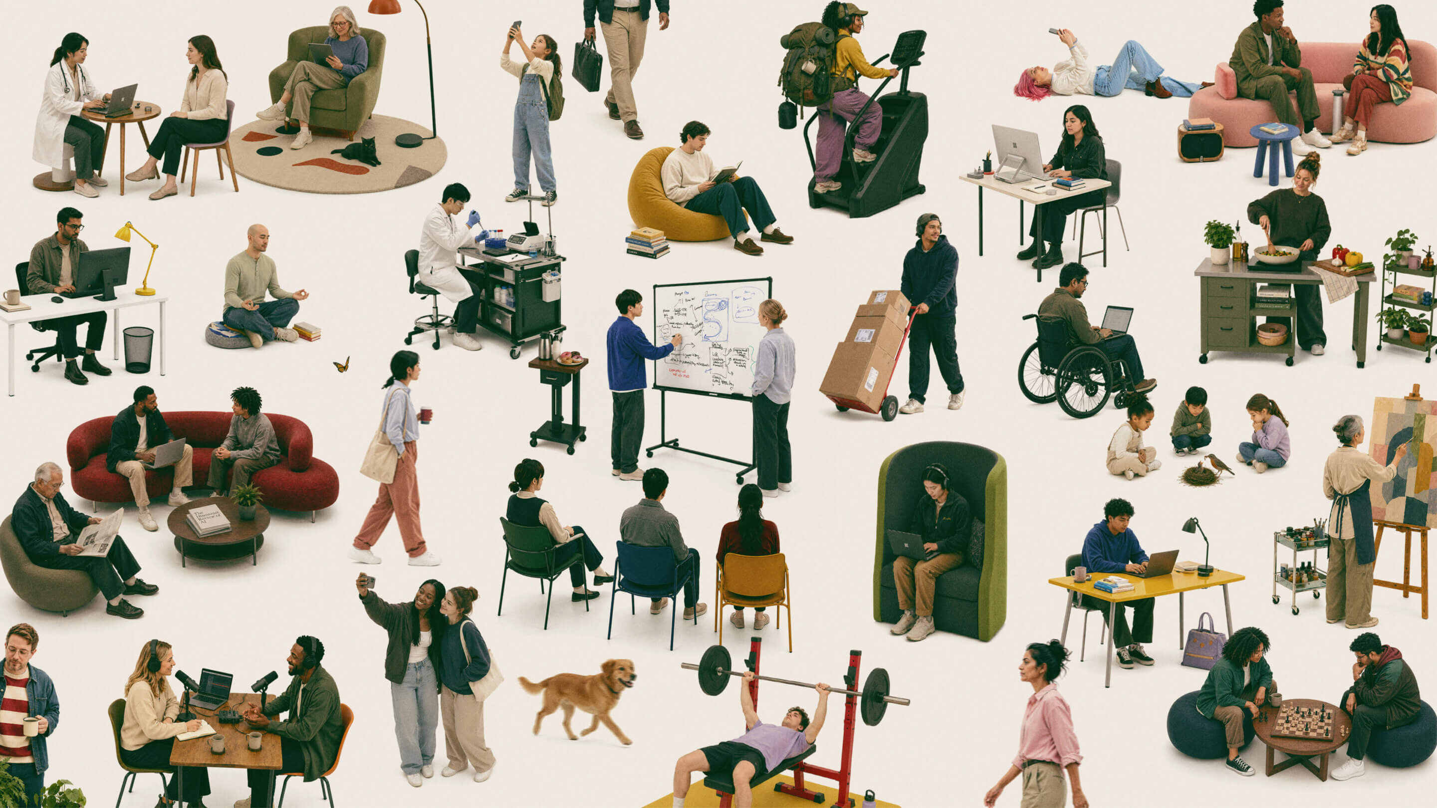Collage of people doing everyday activities—working, exercising, cooking, studying, and relaxing—on a minimal white background.
