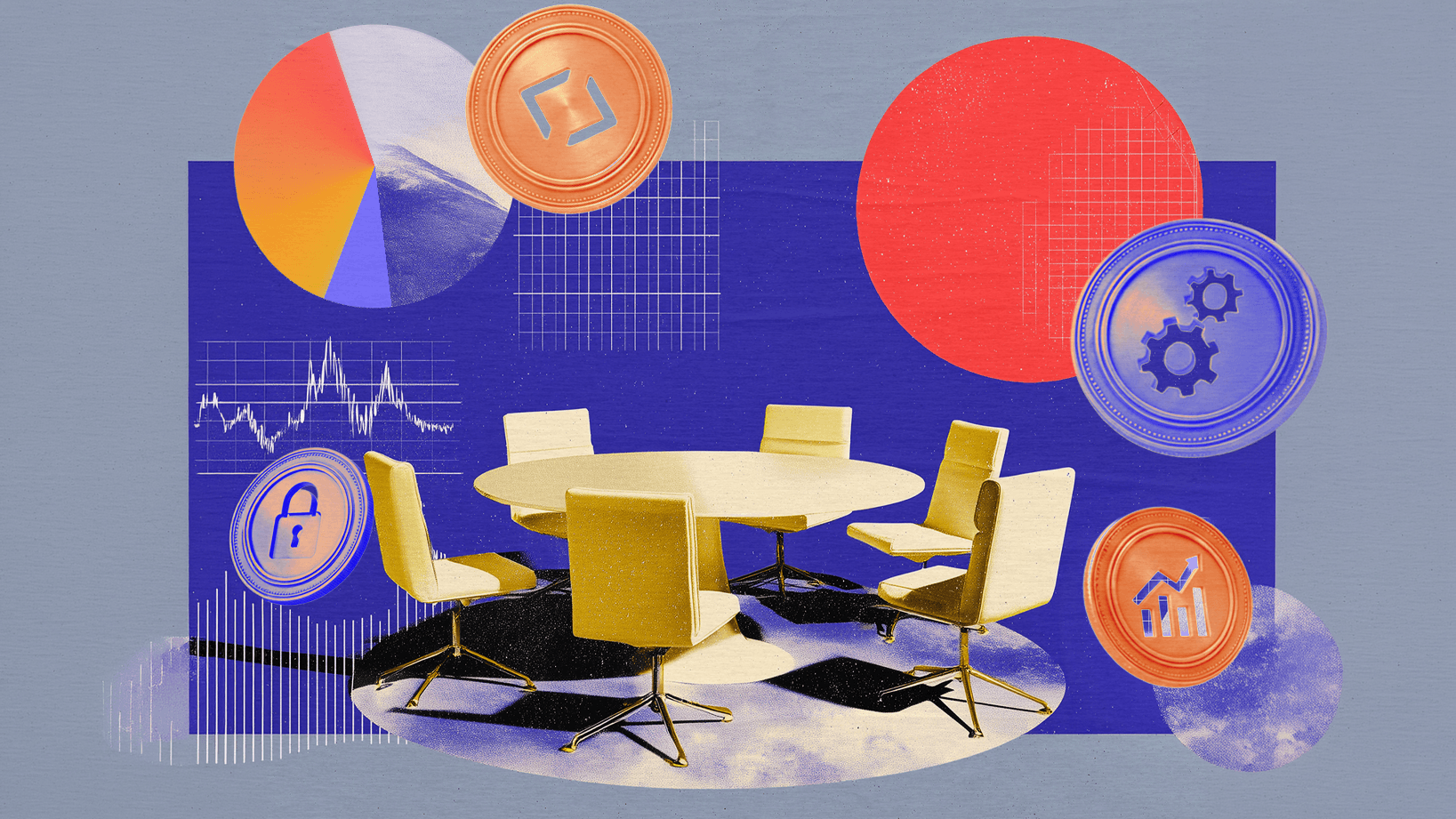 Stylized collage of a conference table and chairs with charts, icons, and data graphics in bold colors.
