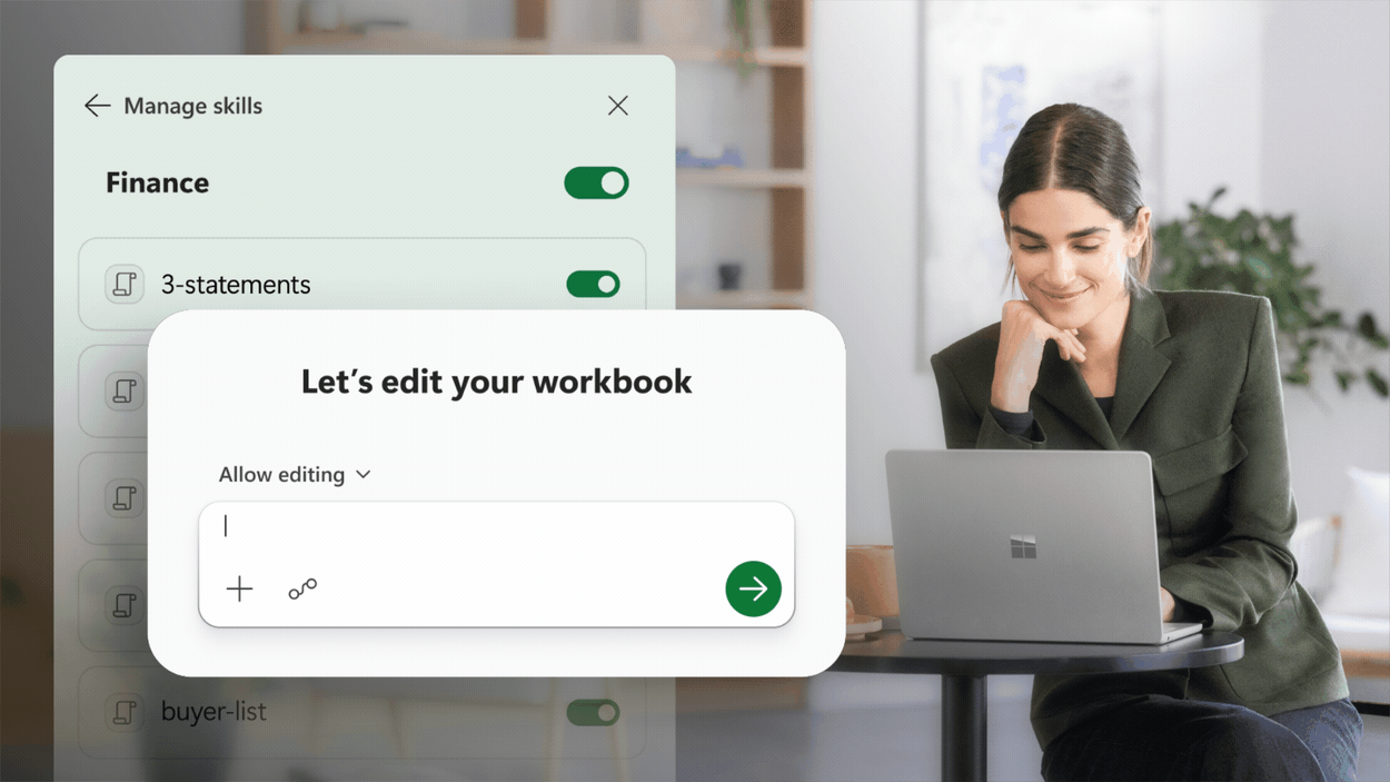 Copilot in Excel “skills” interface alongside user working on a laptop