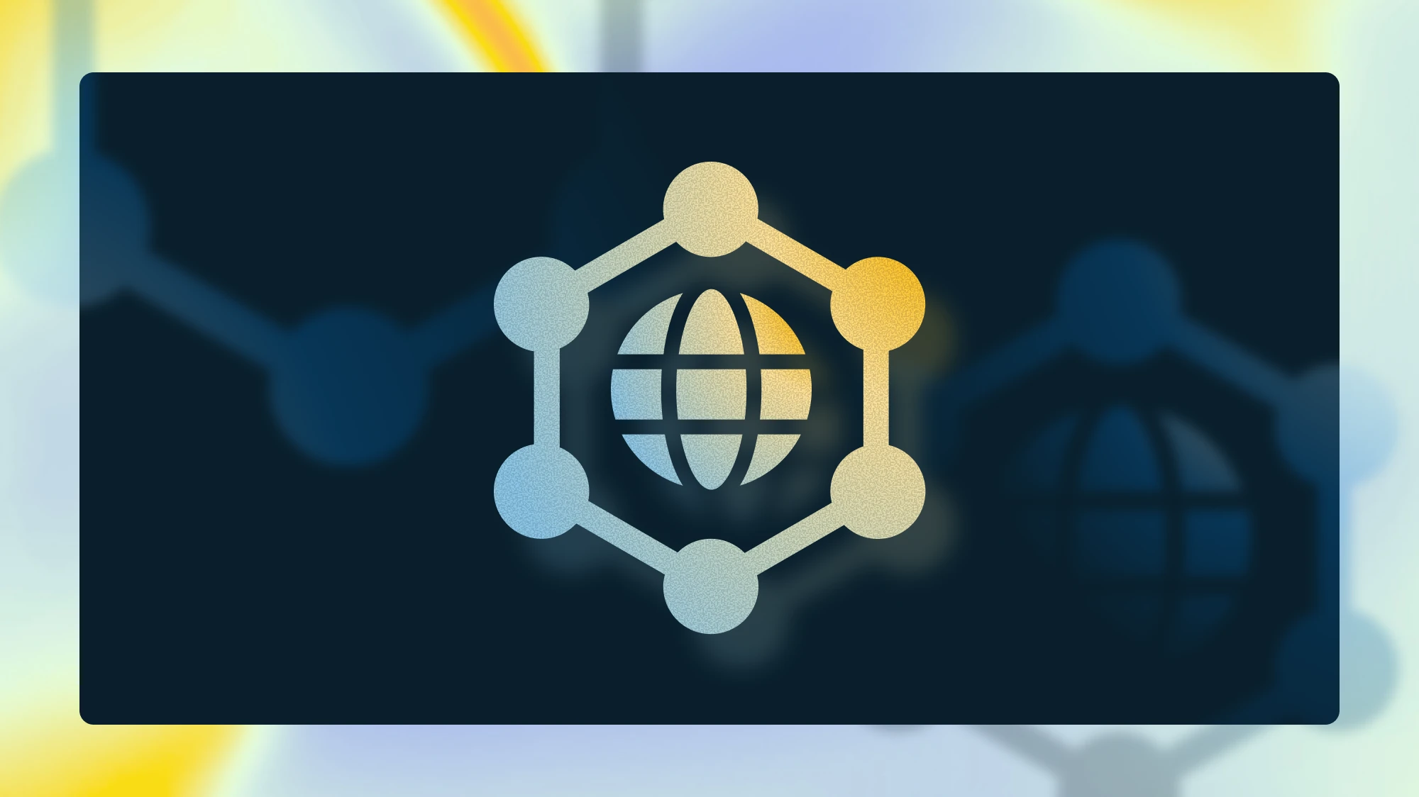 Abstract globe icon connected by nodes in a hexagonal network on a dark background.