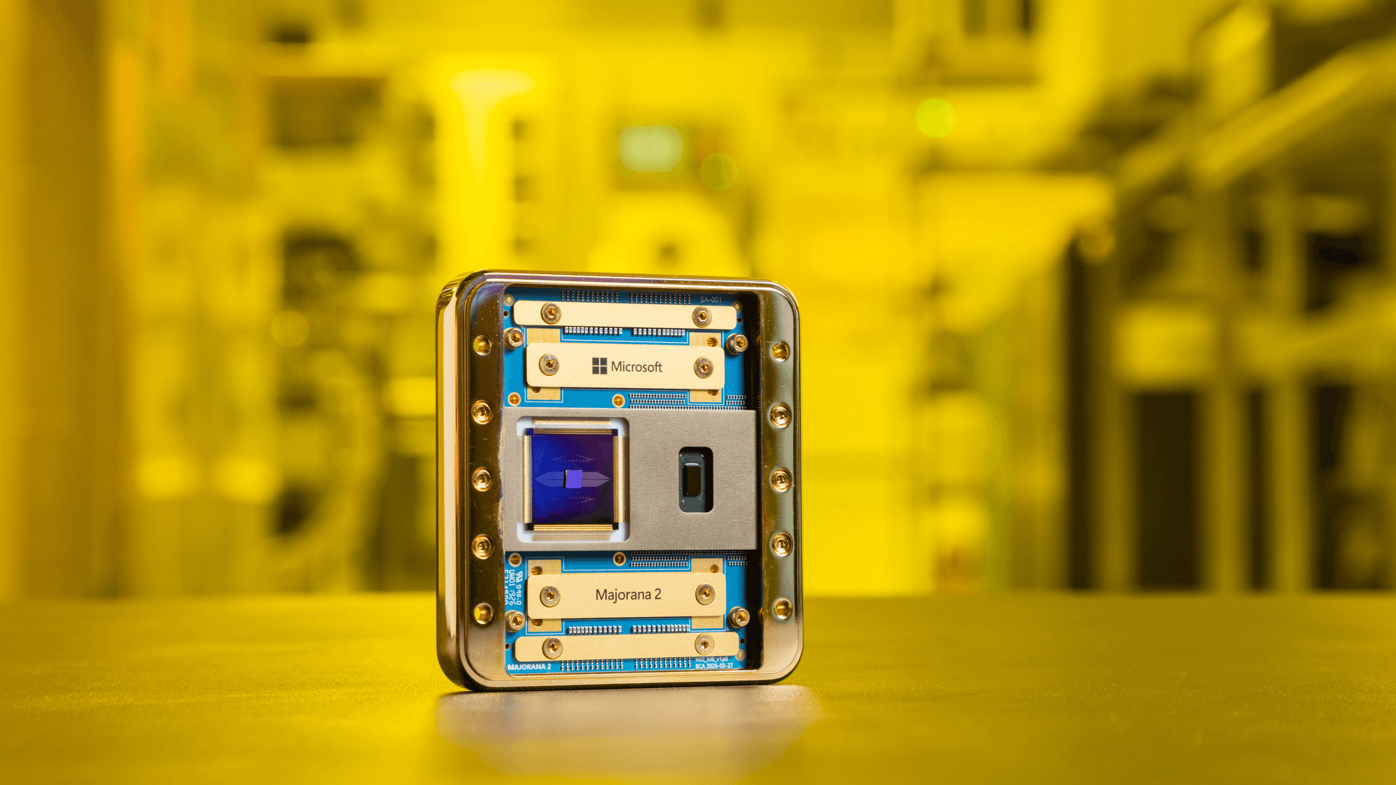 Close-up of a Microsoft “Majorana 2” device with a visible chip inside, set against a yellow lab background.