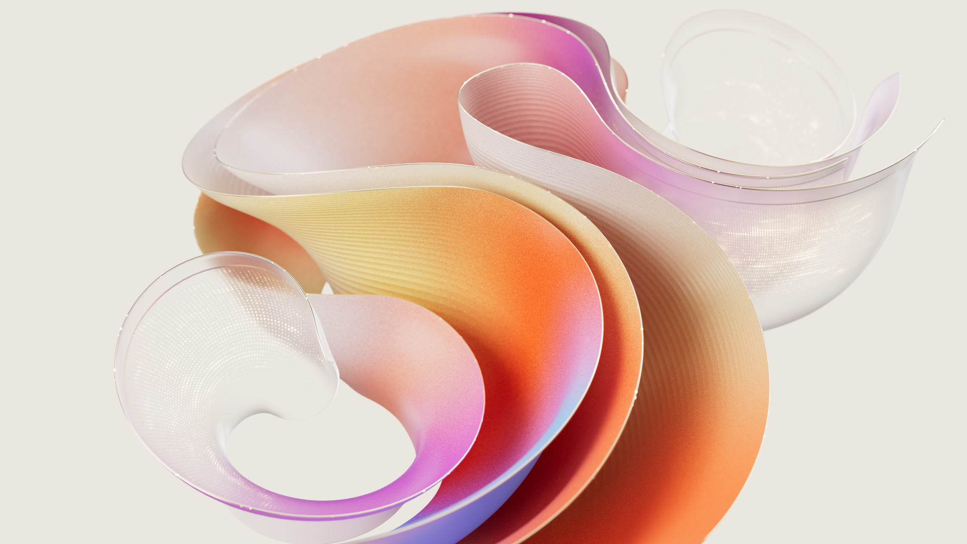 Abstract flowing shapes in soft gradients of orange, pink, and purple.