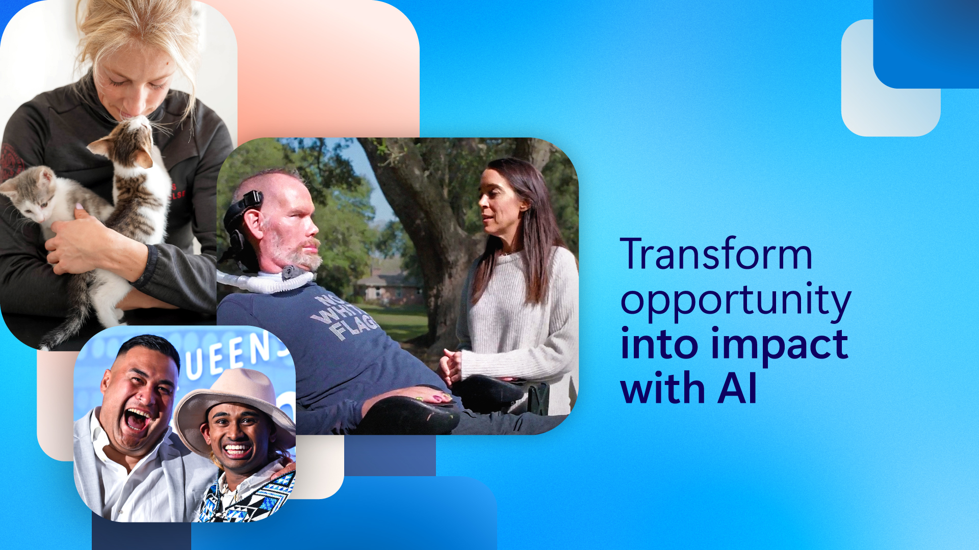 Collage of people and animals alongside the text “Transform opportunity into impact with AI” on a blue gradient background.